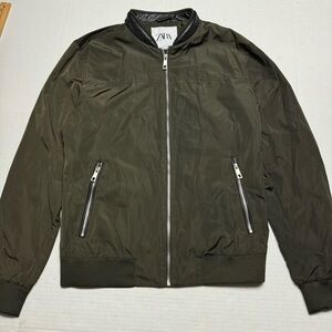 Zara Moto Bomber Jacket In Green, Black Faux Leather Band Collar Size: M